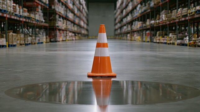 Orange safety cone stands in a puddle amidst rows of stacked goods