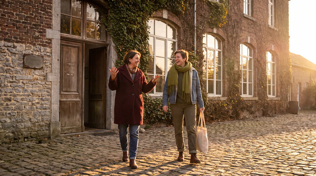 Friends Leave Library Courtyard Sharing Ideas After Serendipitous Find