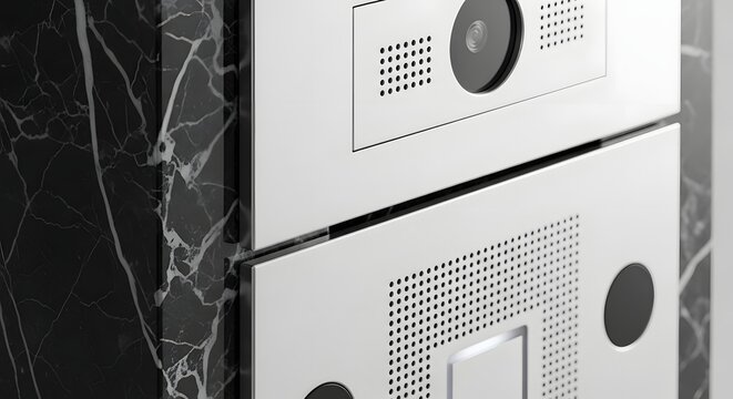Modern smart video doorbell system mounted on a luxury black marble wall.