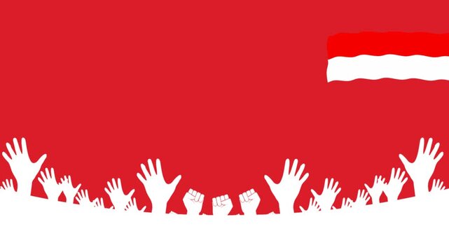Indonesia Independence Day motion background video featuring red and white colors, waving flag, and silhouette raised hands celebrating national spirit. Perfect for August 17th event design