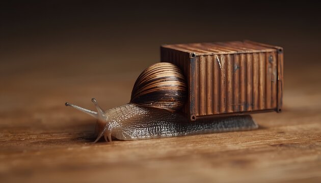 macro shot of a snail carrying a miniature shipping container on its back, concept of slow logistics and global supply chain delays.