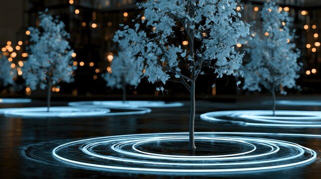 Ethereal glowing circles surround trees in a futuristic, dimly lit landscape