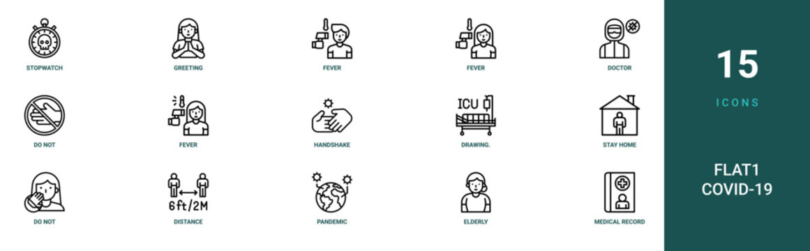 Set of 15 outline web Flat1 COVID-19 icons such as medical record, elderly, pandemic, distance, do not touch, stay at home, drawing. Illustration from flat covid virus pandemic collection.. vector