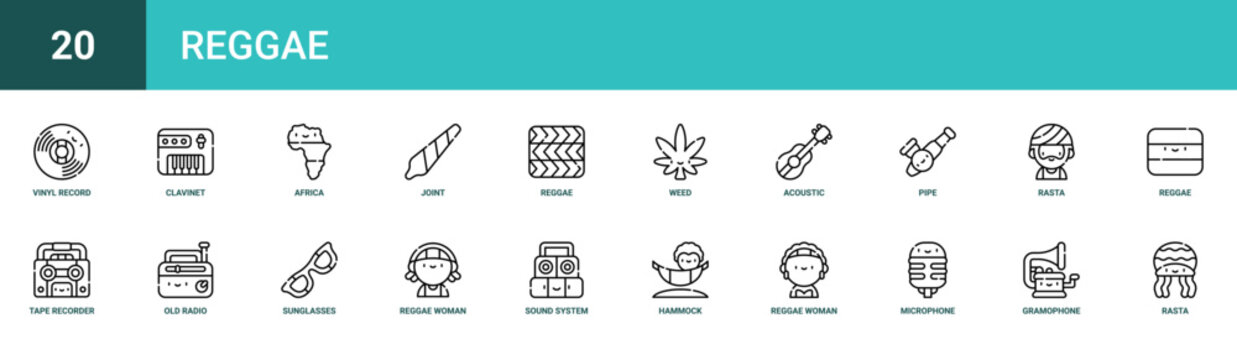 Set of 20 outline web Reggae icons such as rasta, gramophone, microphone, reggae woman, hammock, sound system, reggae woman vector icons for report, presentation, diagram, web design, mobile app
