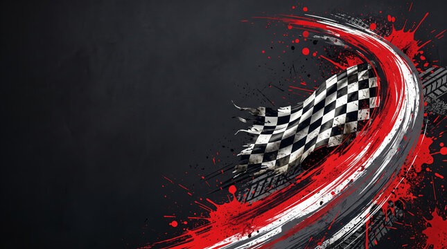Abstract racing background with waving chequered flag and dynamic red paint splashes with copy space