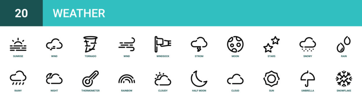 Set of 20 outline web Weather icons such as snowflake, umbrella, sun, cloud, half moon, cloudy, rainbow vector icons for report, presentation, diagram, web design, mobile app