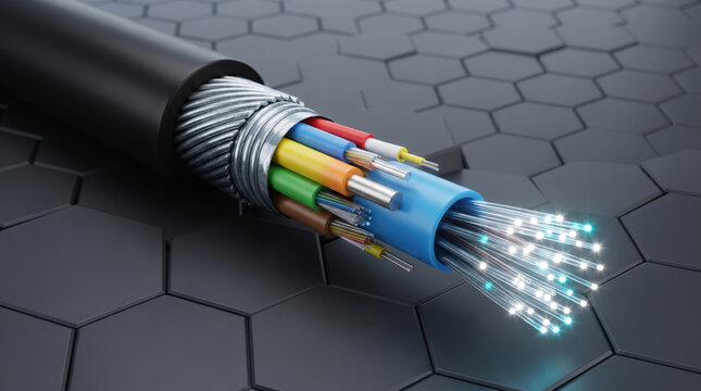 Armored fiber optic cable cross section with glowing light strands on abstract dark background