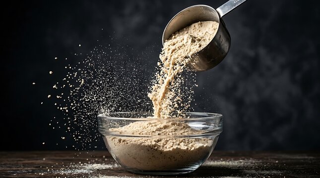 Green matcha tea powder pouring from a measuring cup into a glass bowl against a dark black background. soy protein powder