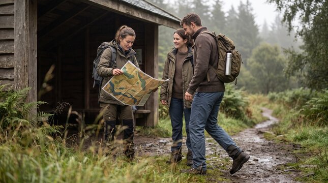 Friends choose a new trail direction after a travel detour