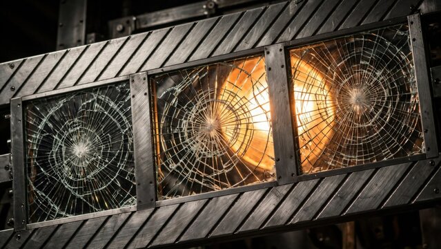 Close-up of a vintage traffic signal with broken glass.