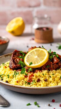 A plate of couscous with grilled meat, lemon slice, and herbs on a table
