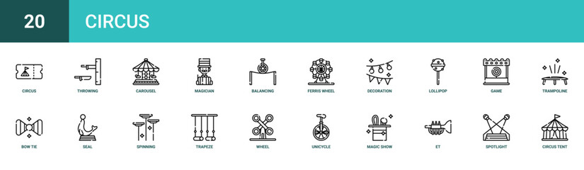 Set of 20 outline web Circus icons such as circus tent, spotlight, et, magic show, unicycle, wheel, trapeze vector icons for report, presentation, diagram, web design, mobile app © Hannah