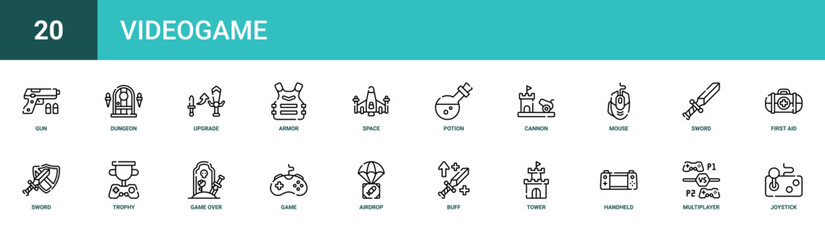 Set of 20 outline web Videogame icons such as joystick, multiplayer, handheld console, tower, buff, airdrop, game controller vector icons for report, presentation, diagram, web design, mobile app © Hannah