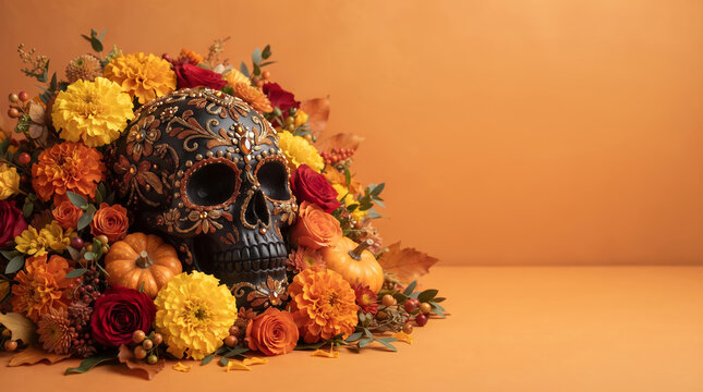 Black Ornamental Skull in Marigolds and Fall Flowers Frame on Orange Background
