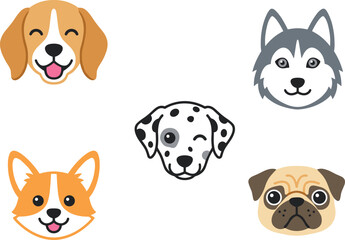 Fototapeta premium Cute cartoon dog breed faces set featuring beagle, husky, corgi, dalmatian, and pug heads isolated on a plain white background.