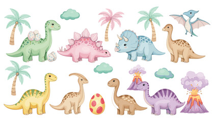Obraz premium Cartoon Dinosaur Vector Illustration Featuring Stegosaurus, Triceratops, Pterosaur, Volcano, Palm Trees, Clouds, and Dinosaur Eggs in Playful Prehistoric Design