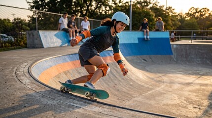 Fototapeta premium Girl builds confidence with a controlled skate park turn