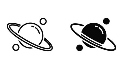 Minimalist Planet Icons Featuring Saturn Style Rings and Moons in Black and White Vector Illustration © Mijan 