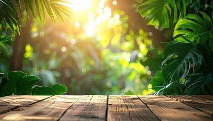 Empty wooden table with tropical leaves and sunlight bokeh background © Chandlerlikes