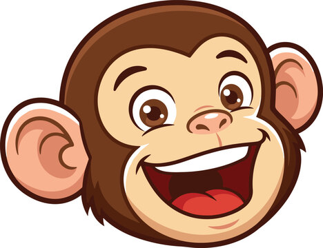 Cute cartoon monkey face illustration featuring a happy smiling primate head tilted sideways with a joyful expression on a white background.