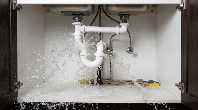 Burst pipe spraying water under kitchen sink cabinet creating emergency home plumbing leak damage