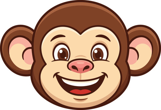 Cute cartoon monkey face illustration featuring a cheerful smiling primate character head with big ears isolated on a plain white background