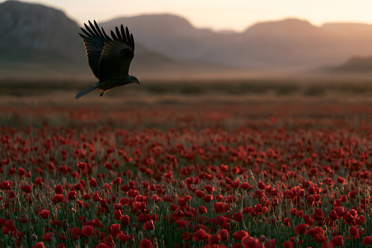 A majestic black bird soars over a vibrant field of red poppies at sunset, with distant mountains under a warm sky.