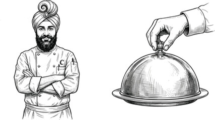 Indian Chef with Turban and Cloche Serving Platter Vector Illustration Set in Elegant Vintage Woodcut Hand Drawn Engraved Sketch Style © EdGe Creative