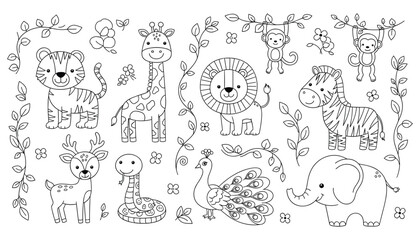 Obraz premium Jungle Animal Coloring Page Vector Illustration Featuring Tiger, Lion, Elephant, Giraffe, Zebra, Peacock, Snake, Deer, Monkeys, Flowers, and Leafy Vines in Cartoon Style