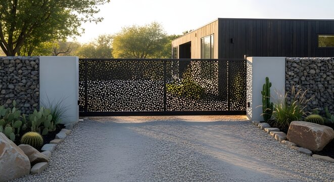 Modern luxury residential home entrance with decorative metal gate and gabion stone walls.