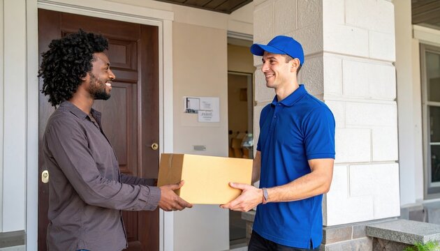 Courier handing package to customer at doorstep