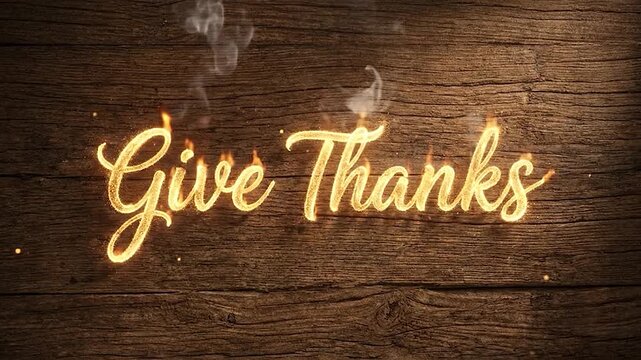 The words Give Thanks appear in glowing golden fire letters