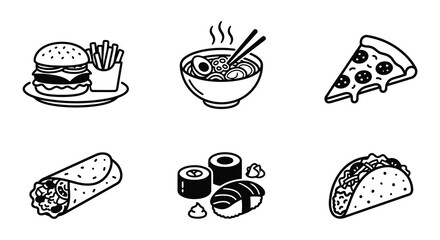 Assorted Fast Food Dishes Black Line Vector Icons On White Background © nurjahan