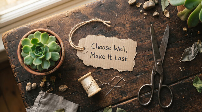 Choose Well Make It Last Tag with Succulent Plant and Sewing Tools