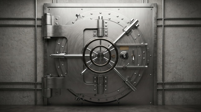 Classic round bank vault door made of reinforced steel with heavy wheel lock on concrete wall