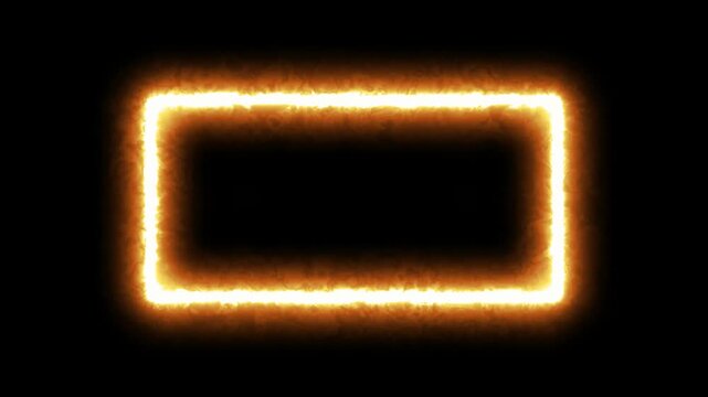 Glowing neon fire frame sign bright sparks burning around dark rectangular border in a seamless loop