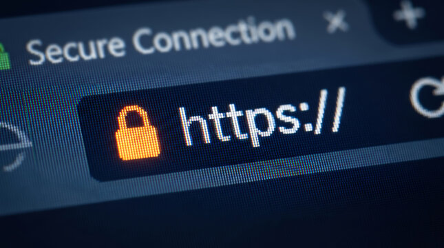 Close up of web browser address bar with secure connection message and orange padlock next to HTTPS