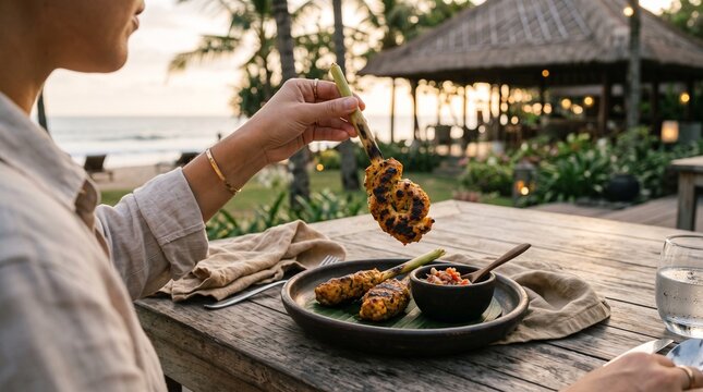 Guest lifts satay lilit at a tropical resort dinner