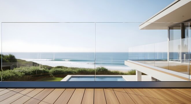 Modern luxury villa terrace with glass railing overlooking the beautiful blue ocean and sandy beach.