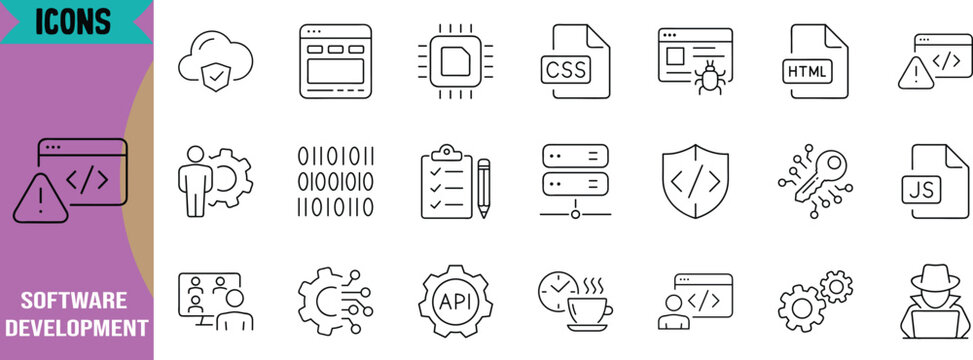 Software development line vector icons. cloud icon set, server icon set, browser icon set