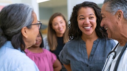 Fototapeta premium A group of people smiling together during a friendly medical consultation in a bright indoor setting