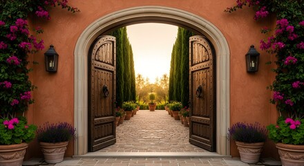 Fototapeta premium Open wooden doors leading to a beautiful sunlit garden path with cypress trees.