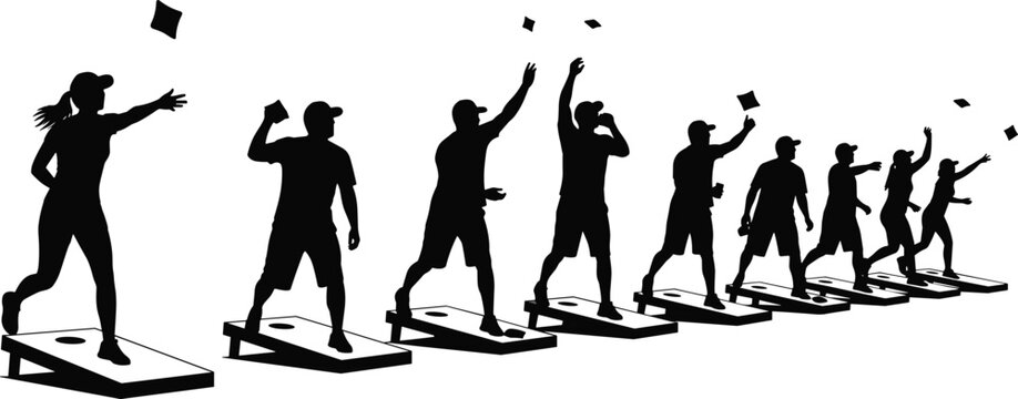 Silhouettes of people playing cornhole game with bean bags on a white background set