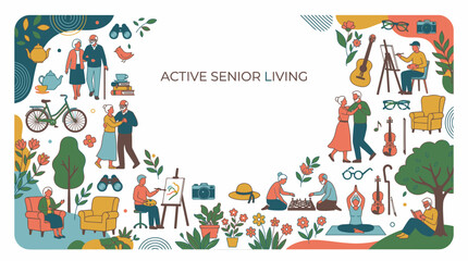 Naklejka premium Active senior lifestyle with hobbies and social activities.