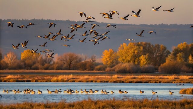 Flock of migratory birds taking flight at sunset. Large group of waterfowl ascending over autumn wetlands in golden hour light.
