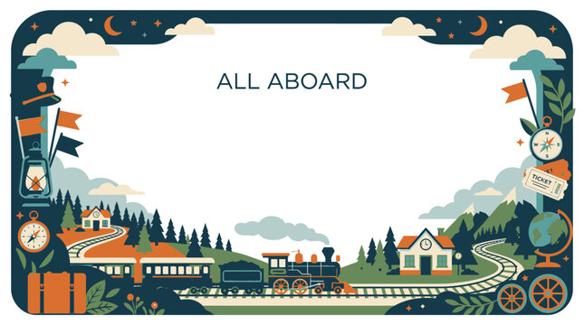 All aboard train night landscape border illustration.