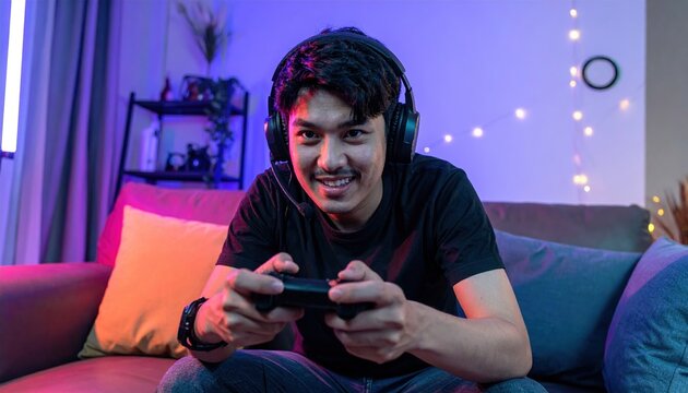 Man playing video game with controller at home, gaming lifestyle