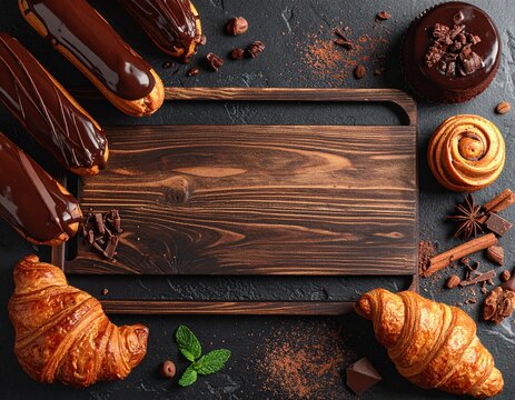 Chocolate Eclairs and Butter Croissants Border with Rustic Wooden Cutting Board Copy Space &ndash; Premium Bakery Flat Lay Background
