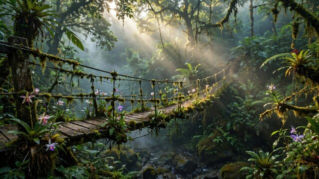Misty Rainforest Suspension Bridge Bathed in Golden Sunbeams.