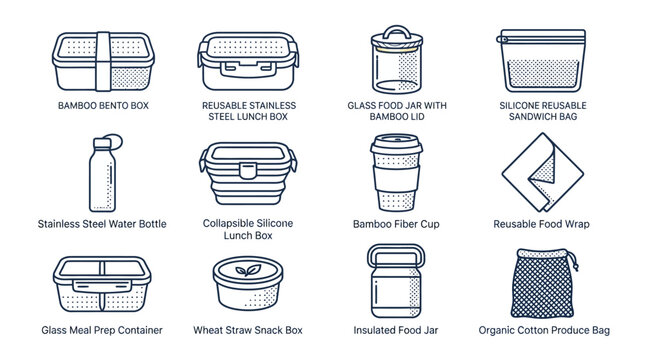 Collection of eco friendly reusable food containers and bottles.